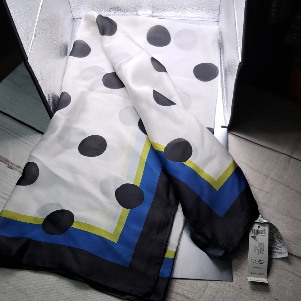 Chicos Dynamic Duo Dots  Black, White, and Blue Square Scarf